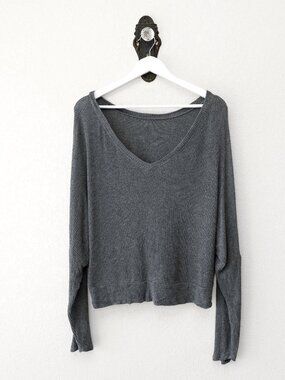 Auden Gray Ribbed Lounge Top L Oversized Soft Sleepwear Long Sleeve Cozy Pullove